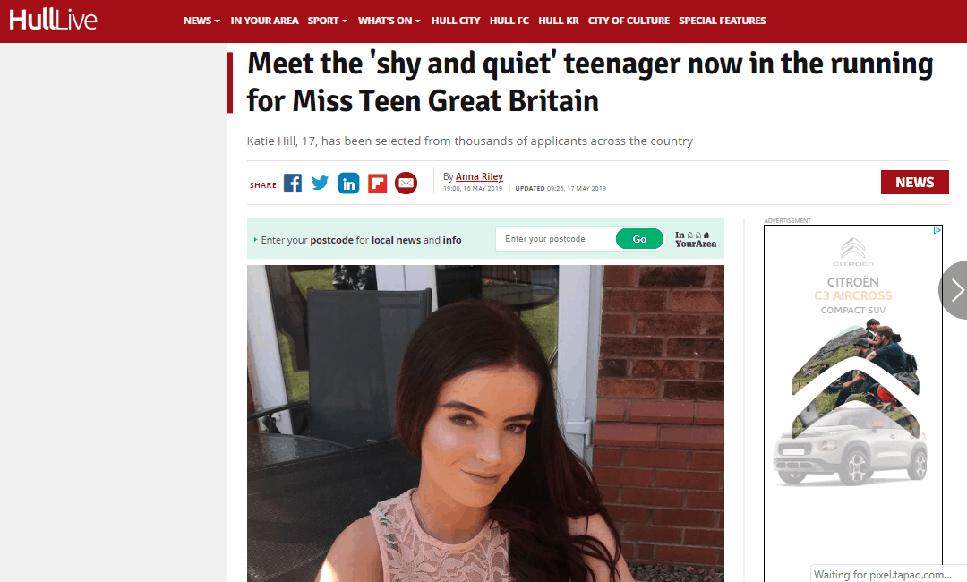 Miss Teen Beverley, Katie, made her local headlines!