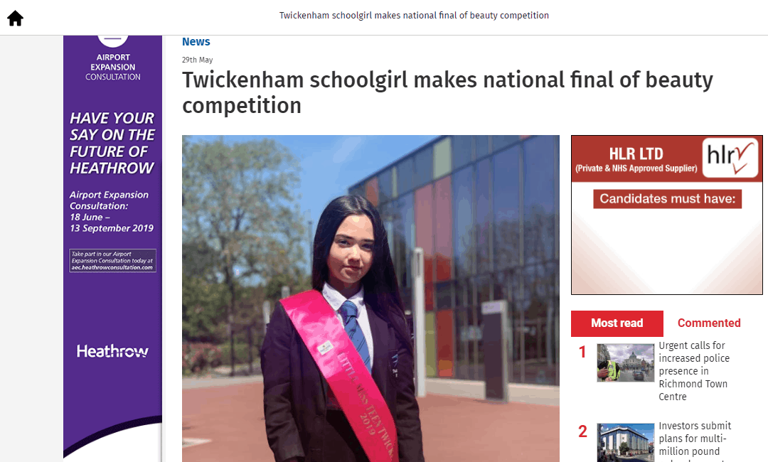 Little Miss Teen Twickenham, Yasmina, has featured in her local press!